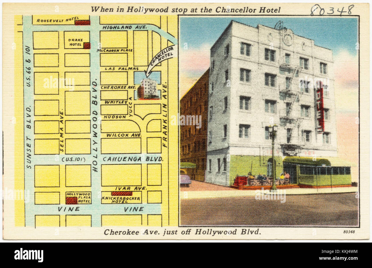 The Chancellor Hotel, situato in prossimità di Hollywood Blvd. Su Cherokee Ave., era un punto di riferimento per i visitatori di Hollywood, offrendo sistemazioni vicino al quartiere iconico. Foto Stock