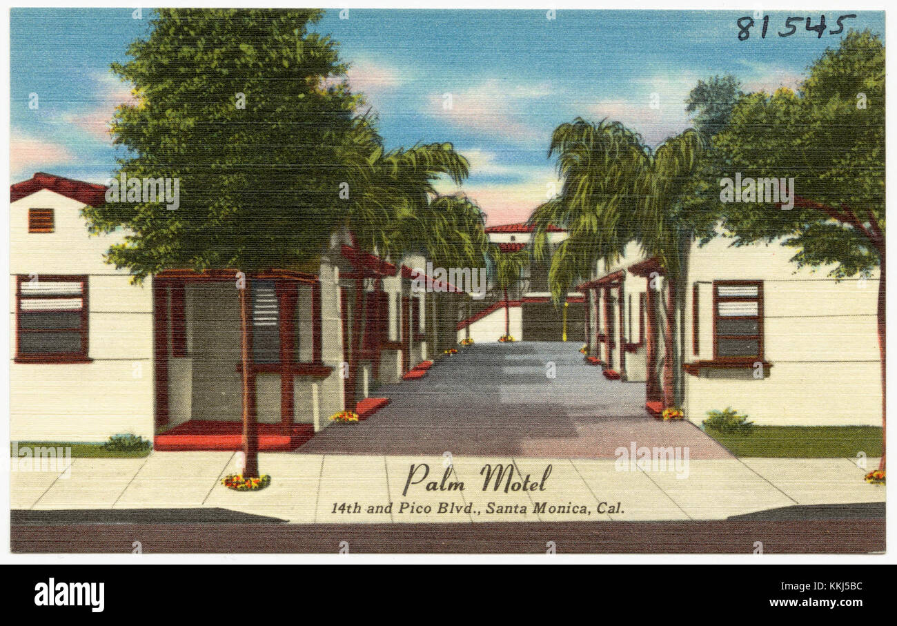 Una cartolina d'epoca con il Palm Motel, situato al 14th e Pico Blvd., Santa Monica, California, che mostra il suo classico design della metà del secolo. Foto Stock