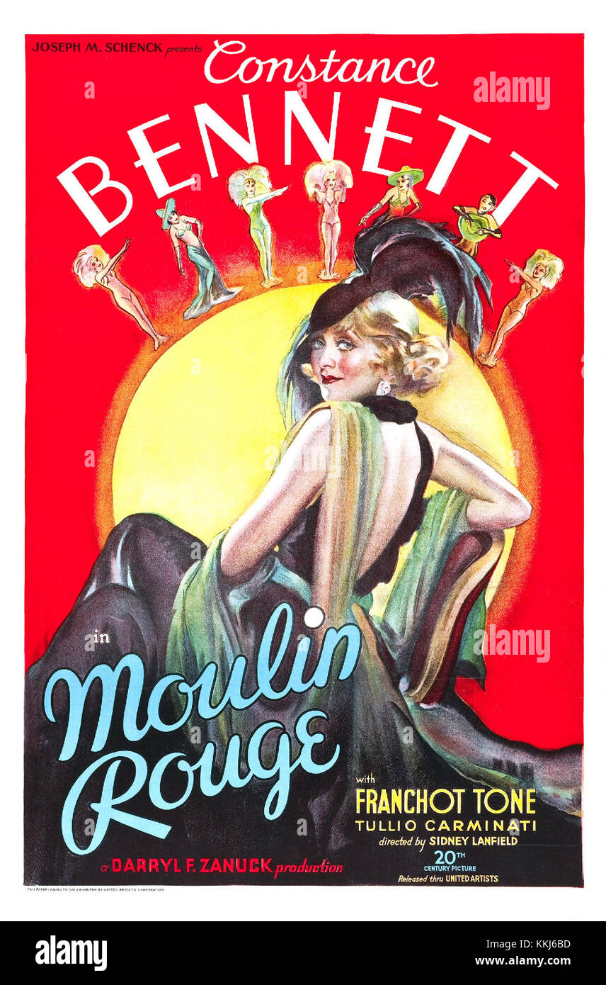 Un poster promozionale per il Moulin Rouge, creato nel 1934, che mostra l'iconico locale di cabaret di Parigi. Conosciuto per i suoi vivaci spettacoli e la ricca storia dell'intrattenimento, questo pezzo è una rappresentazione della vibrante atmosfera associata al Moulin Rouge. Enfatizza lo stile artistico dei primi anni del XX secolo. Foto Stock