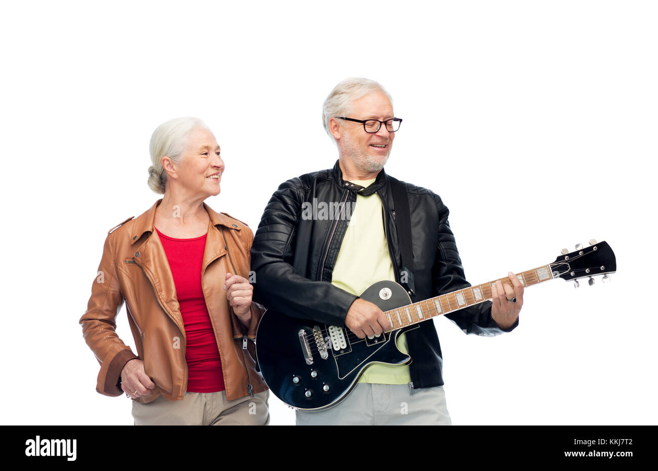 Felice coppia senior con chitarra elettrica Foto Stock