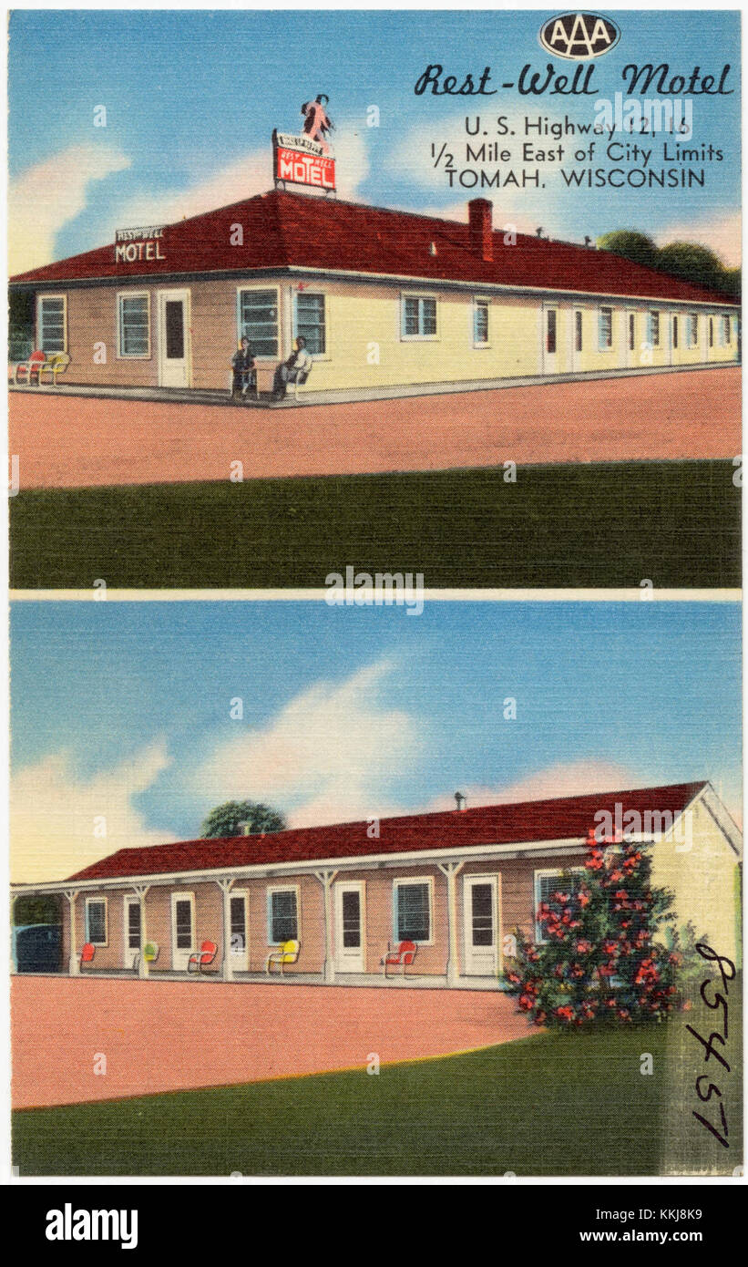 Rest-well Motel, autostrada US 12, 16, 1-2 km circa a est dei confini della città, Tomah, Wisconsin (85451) Foto Stock