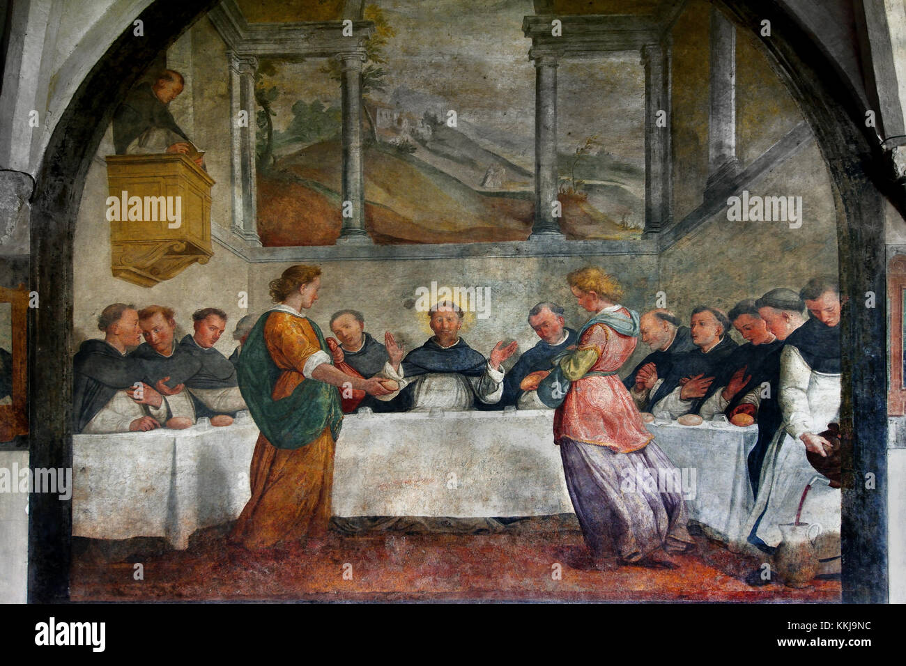 San Domenico in mensa nutrita dagli angeli 1581 Santi di Tito 1536 - 1603 Grand chiostro ( Basilica di Santa Maria Novella - Basilica di Santa Maria Novella ) Firenze, Italia . Foto Stock