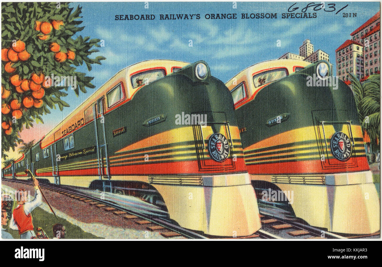 Questa cartolina presenta un'immagine della Seaboard Railways Orange Blossom Specials, un famoso servizio ferroviario passeggeri conosciuto per i suoi servizi di lusso e i percorsi panoramici all'inizio del XX secolo. Foto Stock