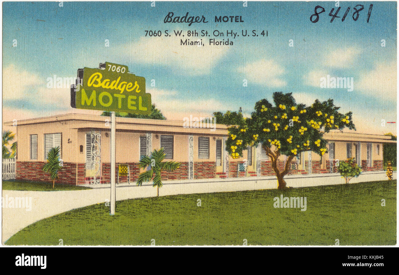 Il Badger Motel, situato sulla U.S. Highway 41 a Miami, Florida, era una struttura stradale della metà del XX secolo. Riflette i viaggi popolari e la cultura dei motel dell'era post-seconda guerra mondiale in America. Foto Stock