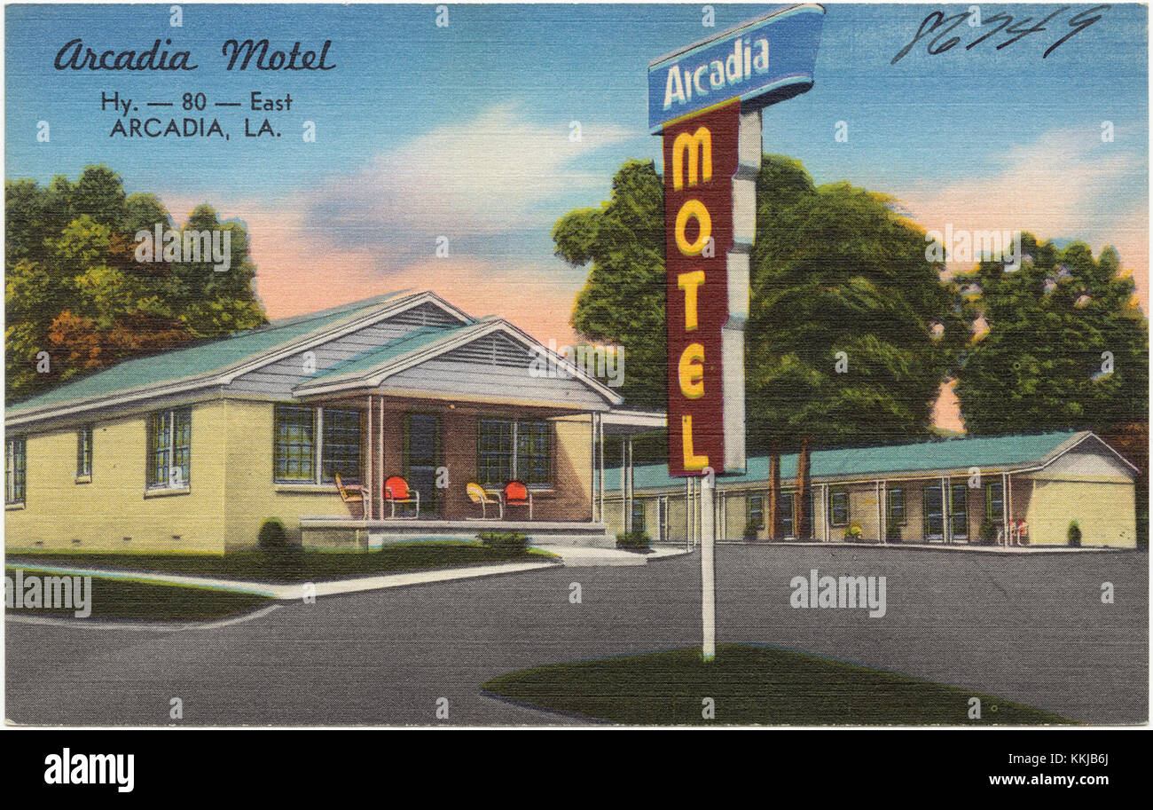 Fotografia dell'Arcadia Motel situato sull'autostrada 80 est ad Arcadia, Louisiana, che mostra l'architettura stradale e la segnaletica della metà del XX secolo. Foto Stock