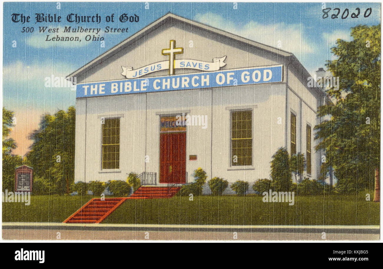 La Bible Church of God, situata al 500 di West Mulberry Street a Lebanon, Ohio, è una chiesa cristiana dedicata al culto e al servizio della comunità. Funge da centro religioso e sociale per la sua congregazione, offrendo orientamento spirituale e programmi di sensibilizzazione. Foto Stock