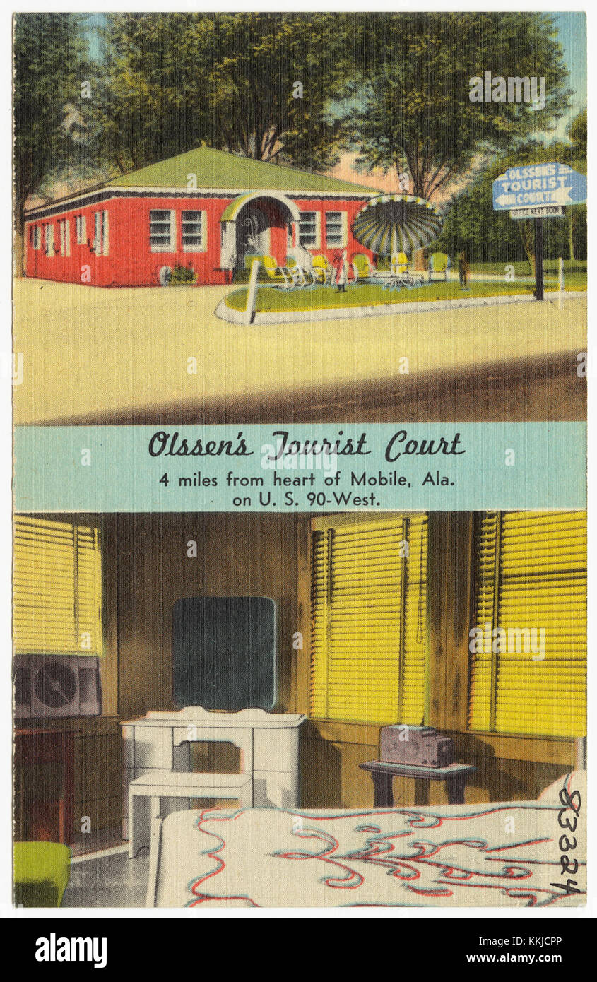 Il tribunale turistico di Olssen era una popolare struttura turistica a metà del XX secolo, che forniva servizi ai viaggiatori. La struttura ha fornito ai turisti servizi adatti per soggiorni brevi. Foto Stock