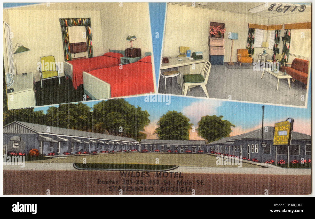 Wildes Motel, situato sulla Route 301 e 25 a Statesboro, Georgia, è un edificio storico noto per il suo ruolo di punto di riferimento locale e per i suoi contributi all'industria alberghiera della zona. Questo motel è un importante punto di riferimento nella regione. Foto Stock