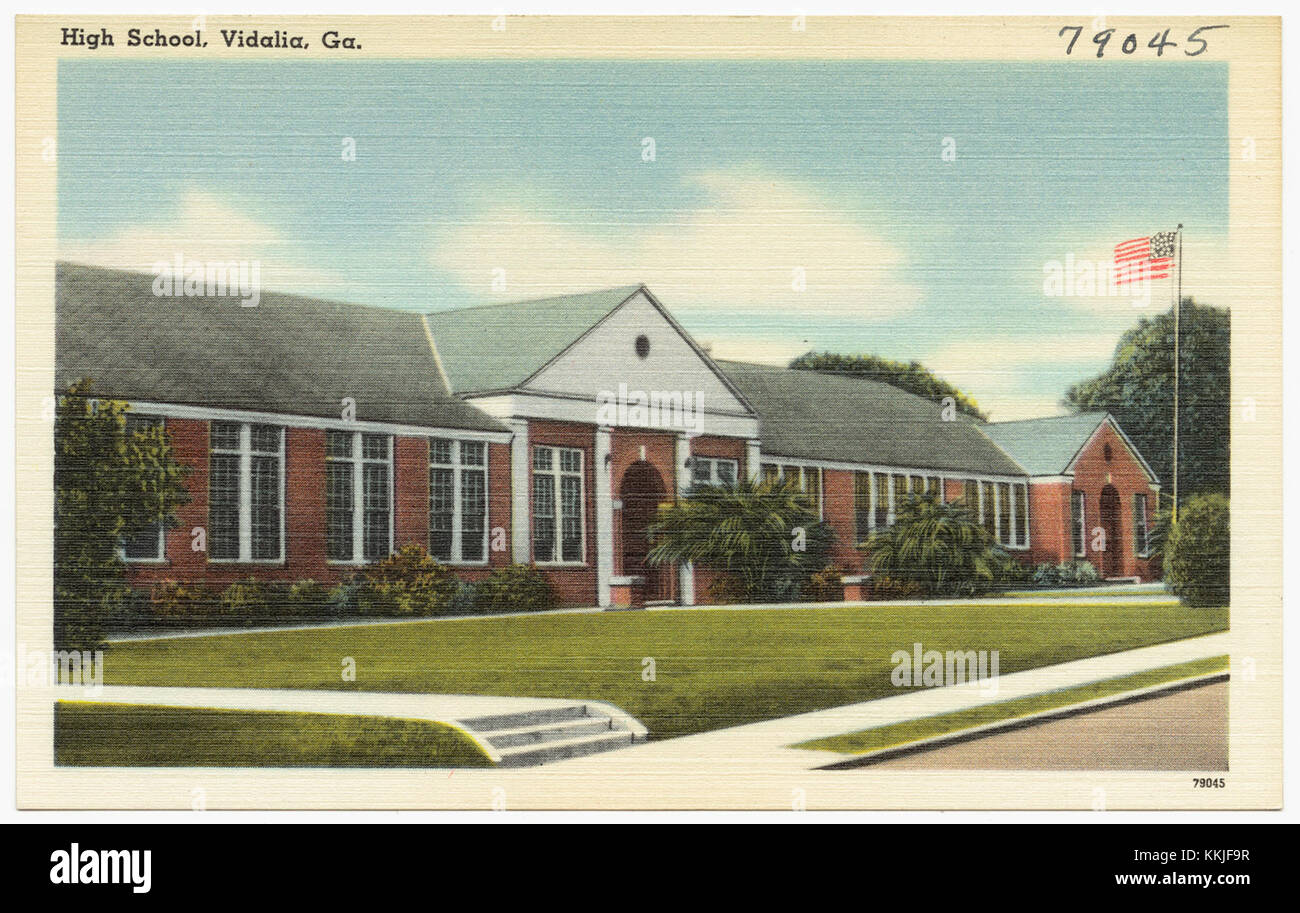 Questa immagine cattura una scuola superiore a Vidalia, Georgia, dando uno sguardo all'architettura della scuola e al suo ruolo nella comunità locale. Vidalia è nota per il suo patrimonio culturale e l'industria agricola, compresa la produzione di cipolle Vidalia. Foto Stock