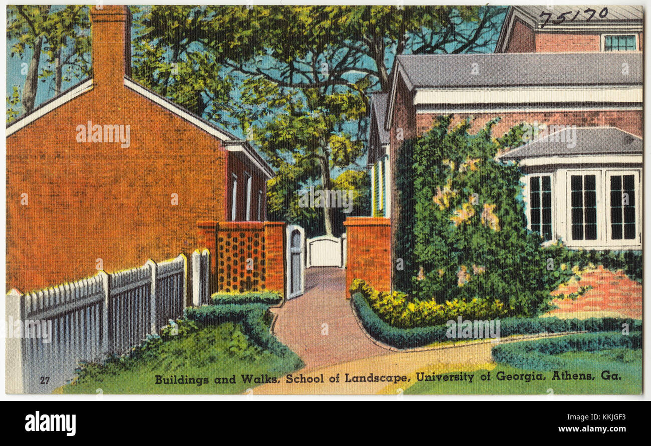 Questa fotografia mostra gli edifici e i sentieri della School of Landscape Architecture dell'Università della Georgia di Atene. L'immagine riflette il design architettonico e l'integrazione naturale del paesaggio caratteristico del campus scolastico. Foto Stock