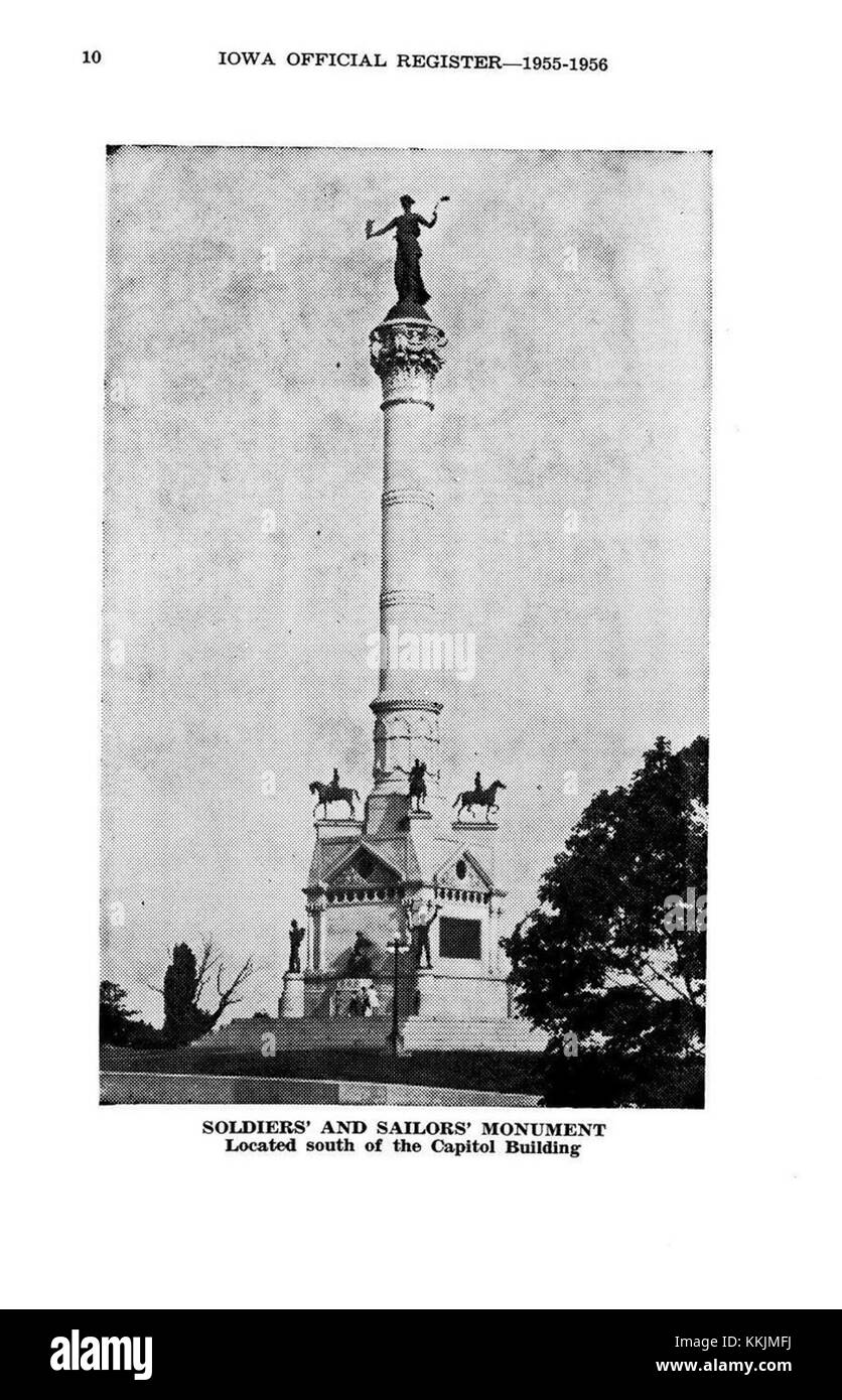 L'Iowa Soldiers' Monument, istituito nel 1955, onora i veterani dello stato dell'Iowa che hanno prestato servizio in vari conflitti militari. È un punto di riferimento storico e un luogo di memoria per la storia militare dell'Iowa. Foto Stock