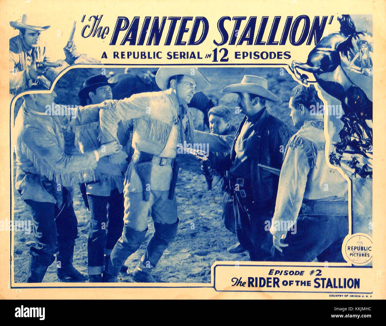 Una lobby card vintage che presenta una scena del film "Painted Stallion", che mostra un momento chiave o un personaggio del film. Foto Stock