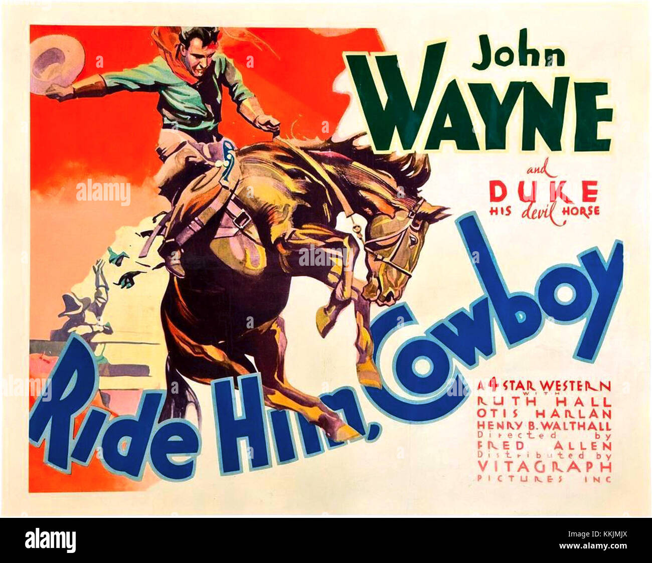 Un poster vintage per il film "Ride him, Cowboy", che raffigura una scena con cowboy e temi occidentali. Il poster riflette la rappresentazione classica del West americano nel cinema. Foto Stock