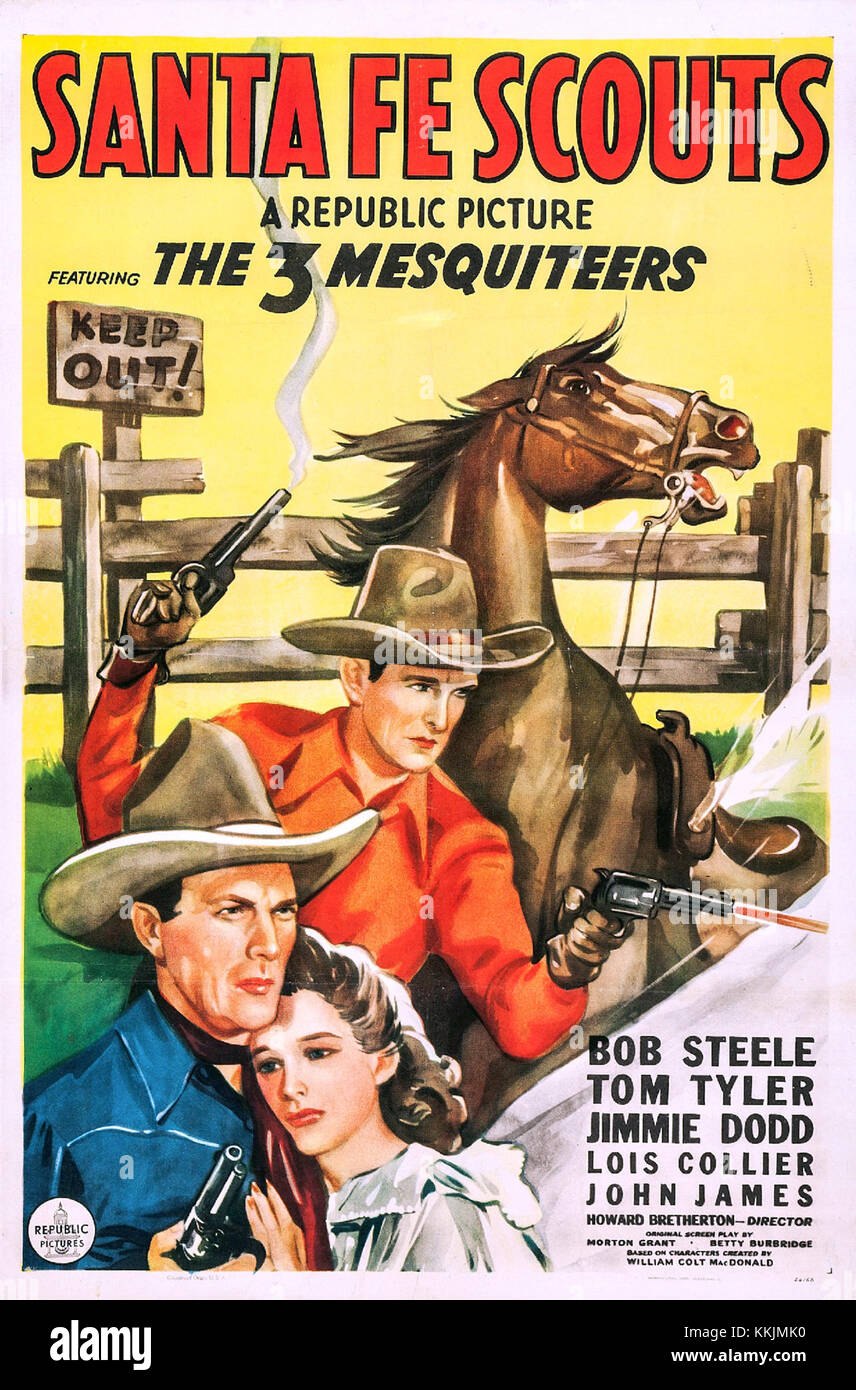 Un poster promozionale per i Santa Fe Scouts, probabilmente raffigurante il cast e le scene chiave del film. Il poster funge da pubblicità visiva per il film, mostrando i suoi temi e personaggi occidentali. Foto Stock