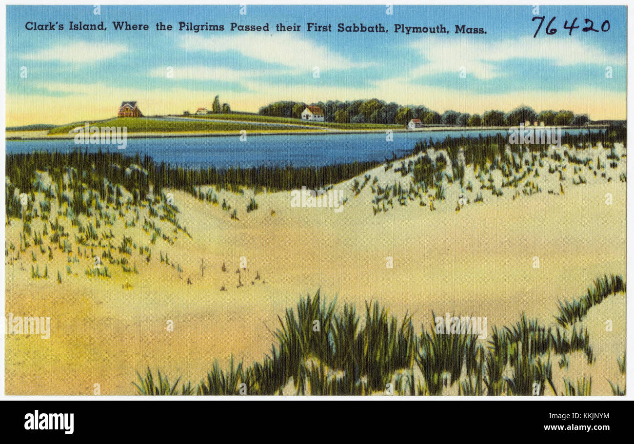Clark's Island, situata al largo di Plymouth, Massachusetts, è nota per essere il luogo in cui i pellegrini celebrarono il loro primo sabato nel nuovo mondo nel 1620. Quest'isola ha un significato storico come parte della prima storia coloniale degli Stati Uniti. Foto Stock