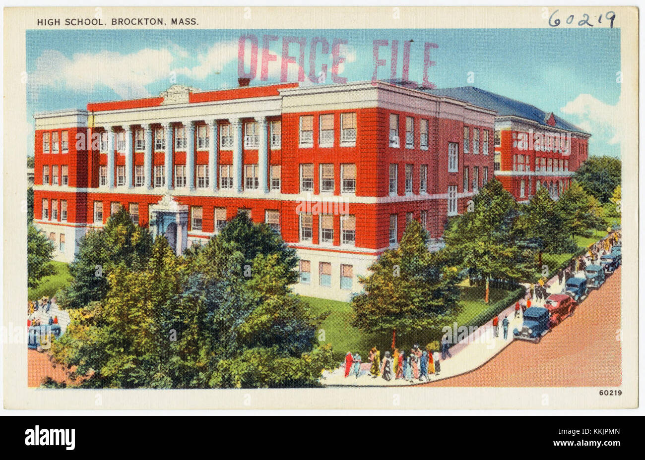 Questa immagine cattura una visione storica di una scuola superiore di Brockton, Massachusetts. Situata in una città nota per le sue istituzioni educative, la scuola superiore rappresenta il paesaggio educativo della regione. Le scuole di Brocktonâ hanno una lunga storia di successi accademici e di coinvolgimento della comunità. Foto Stock