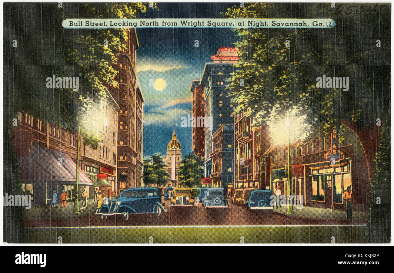 Vista notturna di Bull Street a Savannah, Georgia, guardando a nord da Wright Square. La strada e' illuminata da lampioni, offrendo uno scorcio del quartiere storico di Savannah sotto il cielo serale. Foto Stock