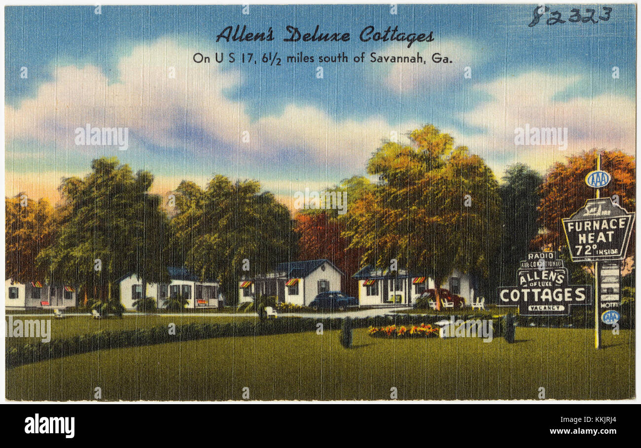 Gli Allen's Deluxe Cottages, situati sulla U.S. 17 a sud di Savannah, Georgia, offrono ai viaggiatori una sistemazione confortevole. Questi cottage offrono un soggiorno conveniente con facile accesso alle attrazioni della zona. Foto Stock
