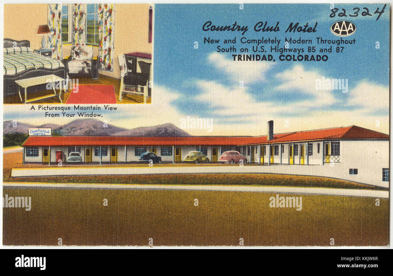 Il County Club Motel, situato a Trinidad, Colorado, offre sistemazioni moderne ed è situato a sud delle autostrade 85 e 87. Il motel dispone di servizi aggiornati, per un soggiorno confortevole per i visitatori della zona. Foto Stock