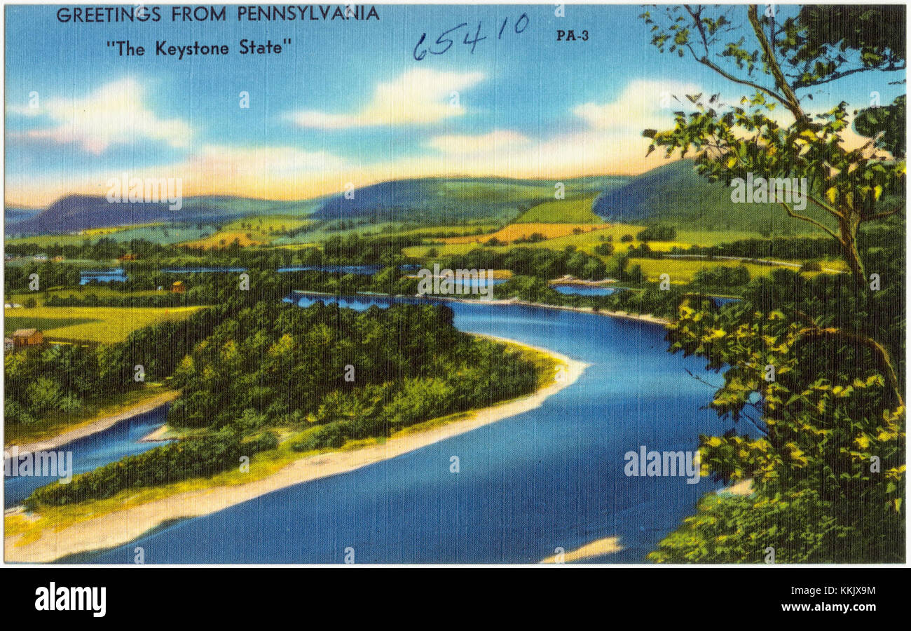 Questo biglietto d'auguri della Pennsylvania, conosciuto come "lo stato di Keystone", mette in evidenza la ricca storia dello stato e i diversi paesaggi. La Pennsylvania è riconosciuta per il suo significato storico nella fondazione degli Stati Uniti e per i suoi punti di riferimento culturali, come Philadelphia e Pittsburgh. La carta presenta simboli e immagini che rappresentano il patrimonio dello stato e la bellezza naturale. Foto Stock