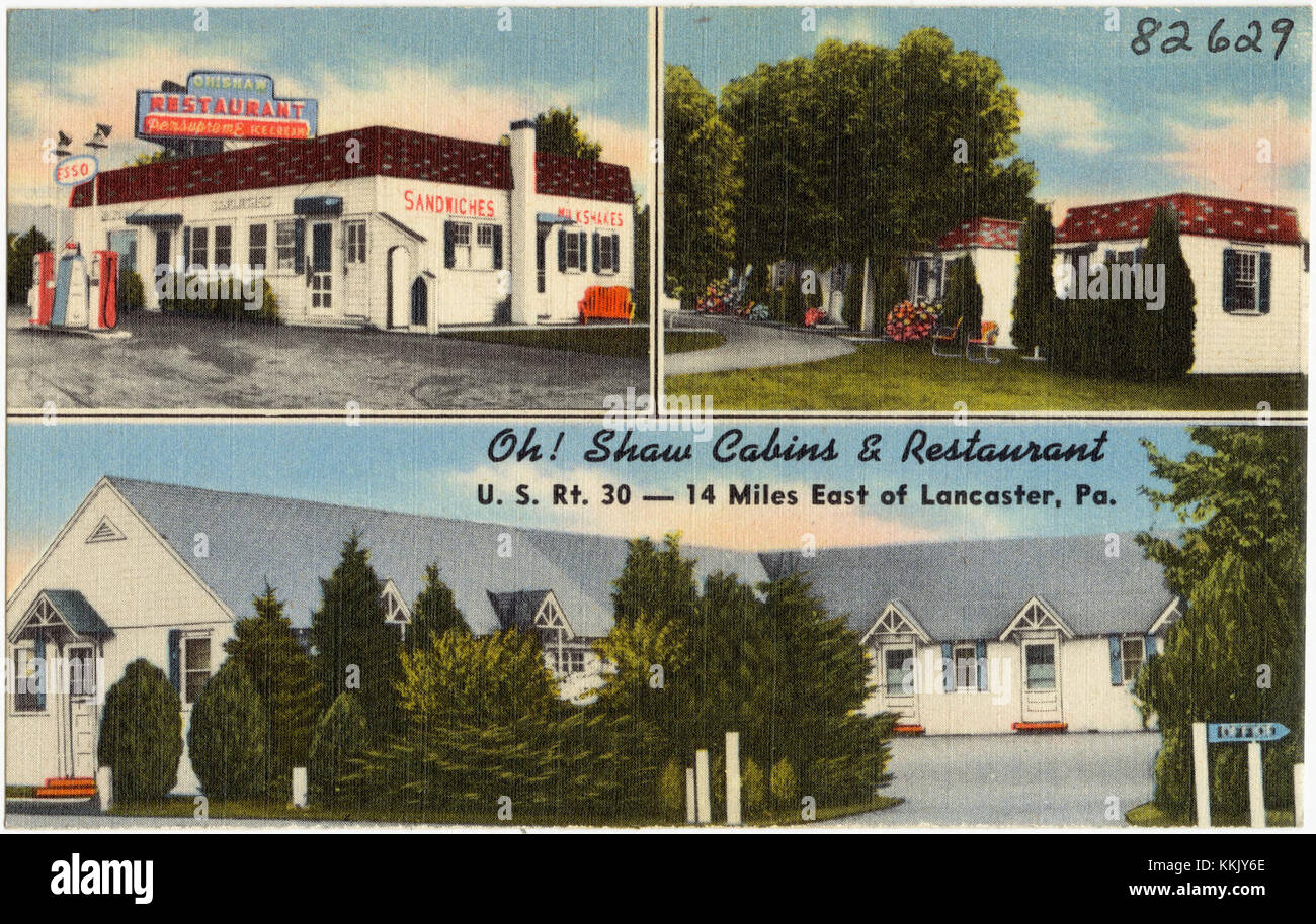 Oh Shaw Cabins and Restaurant è una struttura storica situata 22 km circa a est di Lancaster, Pennsylvania, lungo la U.S. RT. 30. Conosciuto per i suoi ristoranti locali e le sistemazioni rustiche, è un punto di riferimento nella regione. Foto Stock