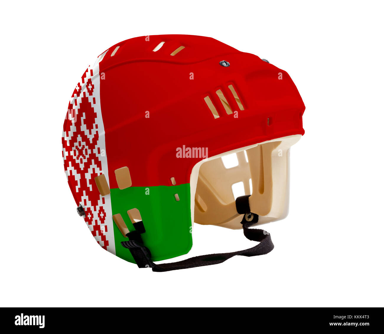 Ice hockey Casco con la bandiera della Bielorussia dipinto su di esso. isolato su sfondo bianco. la Bielorussia è uno dei maggiori al mondo hockey su ghiaccio nazioni. Foto Stock