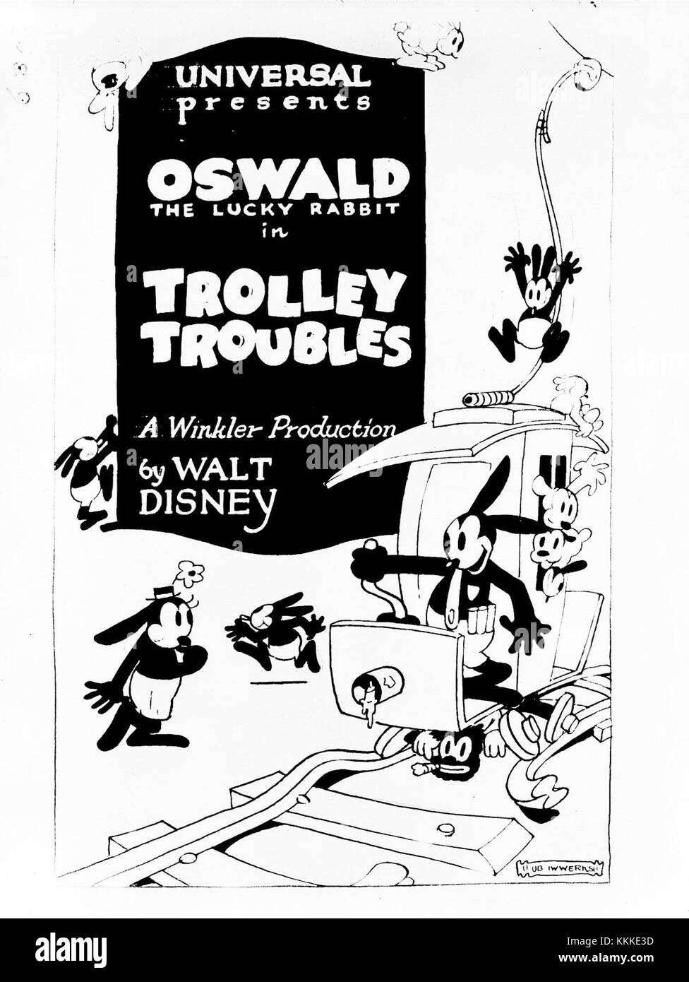 Il poster del cortometraggio animato del 1927 "Trolley Troubles" mostra le prime animazioni Disney. Il film è noto per aver interpretato Topolino in uno dei suoi primi ruoli, offrendo uno sguardo agli inizi dell'iconica animazione. Foto Stock