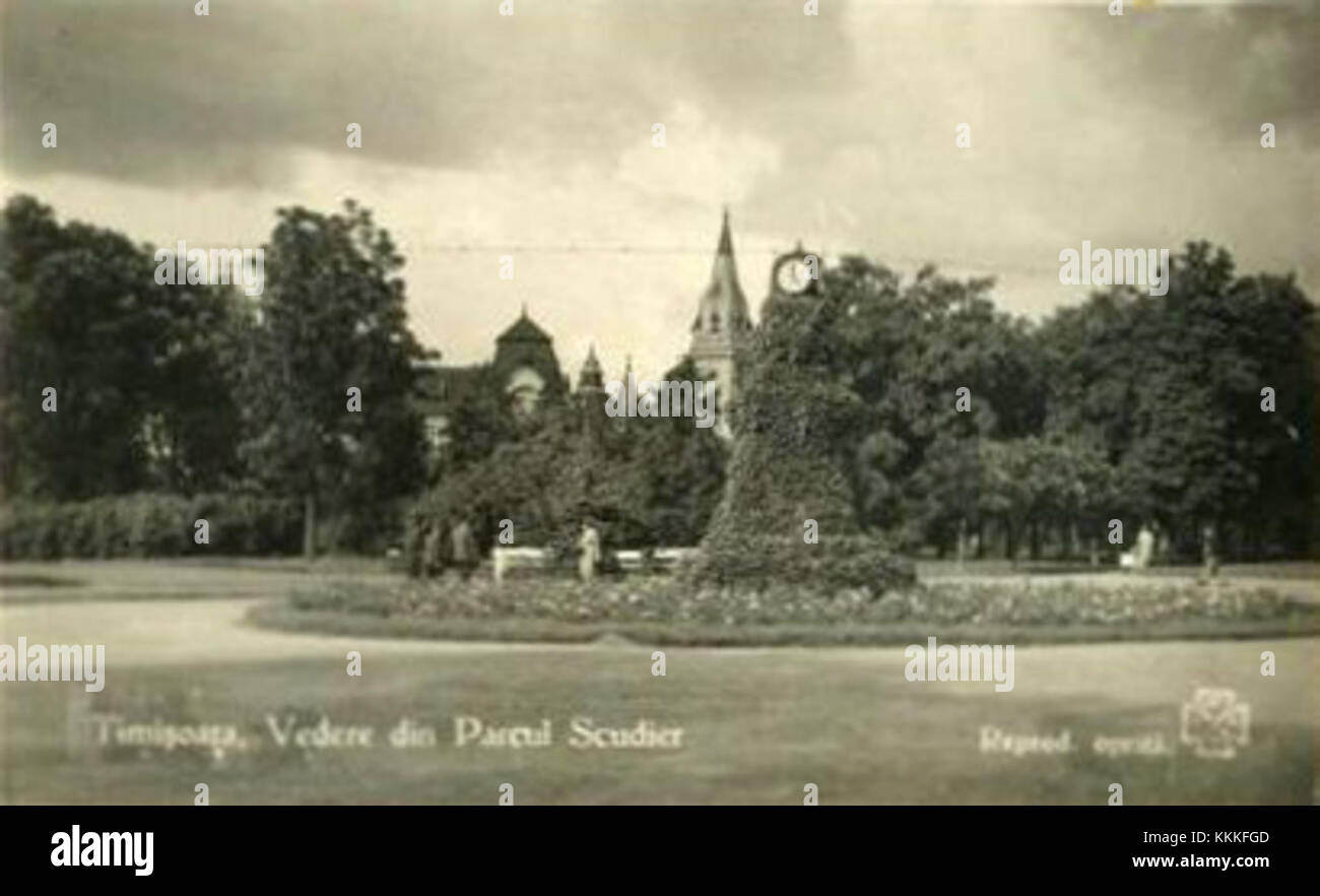 Parcul Scudier è un parco storico di Bucarest, Romania. L'immagine raffigura la trasformazione del parco dopo il 1918, mostrando il suo sviluppo e le modifiche di design apportate nel periodo post-prima guerra mondiale. Foto Stock