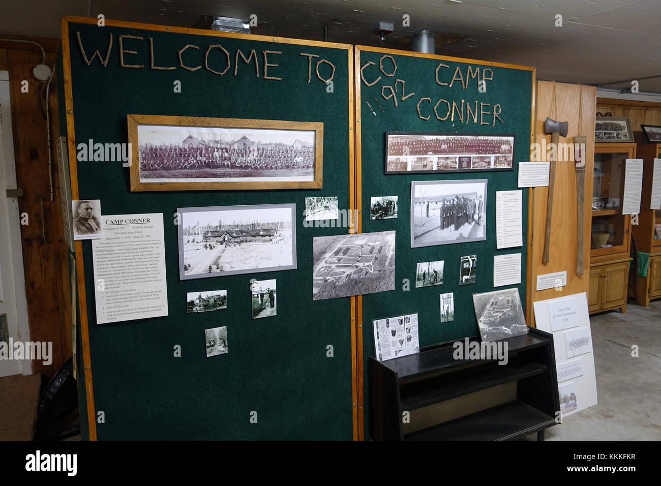 Camp Conner faceva parte del Civilian Conservation Corps, un programma del governo degli Stati Uniti volto a fornire posti di lavoro e migliorare i parchi nazionali. La mostra al Museo CCC degli Stati del Nord-est mette in risalto la sua storia. Foto Stock
