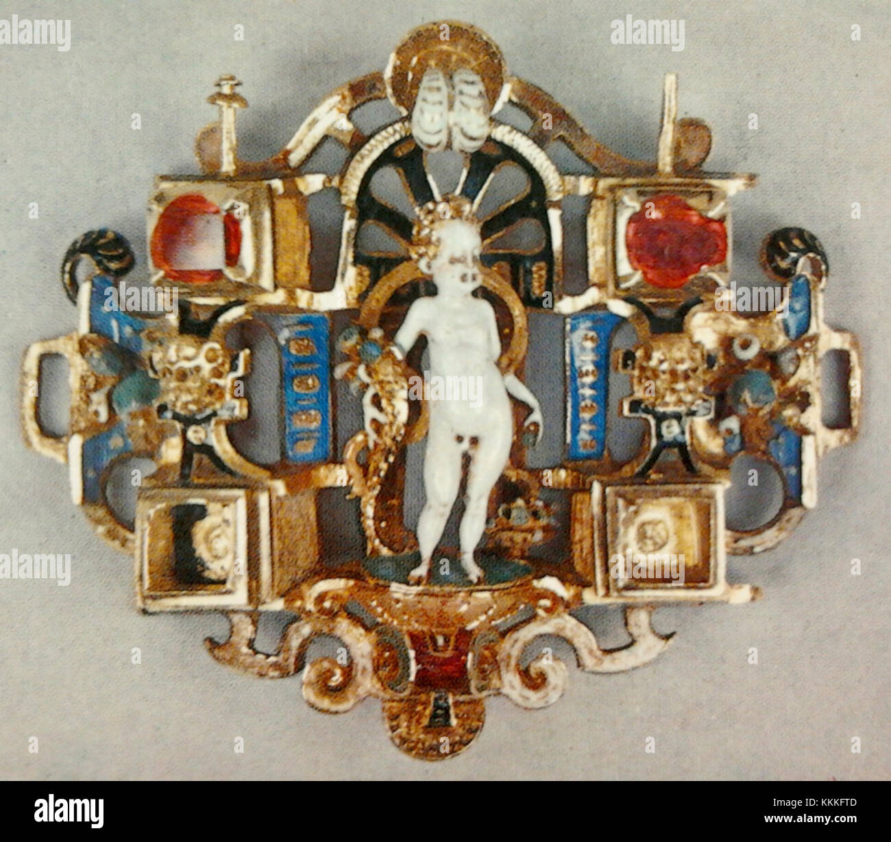 Questo ornamento dalla Germania presenta una rappresentazione di Bacco, il dio romano del vino e della rivelazione. Tali ornamenti erano popolari nelle arti decorative europee, mostrando intricate abilità artigianali e mitologia. Foto Stock