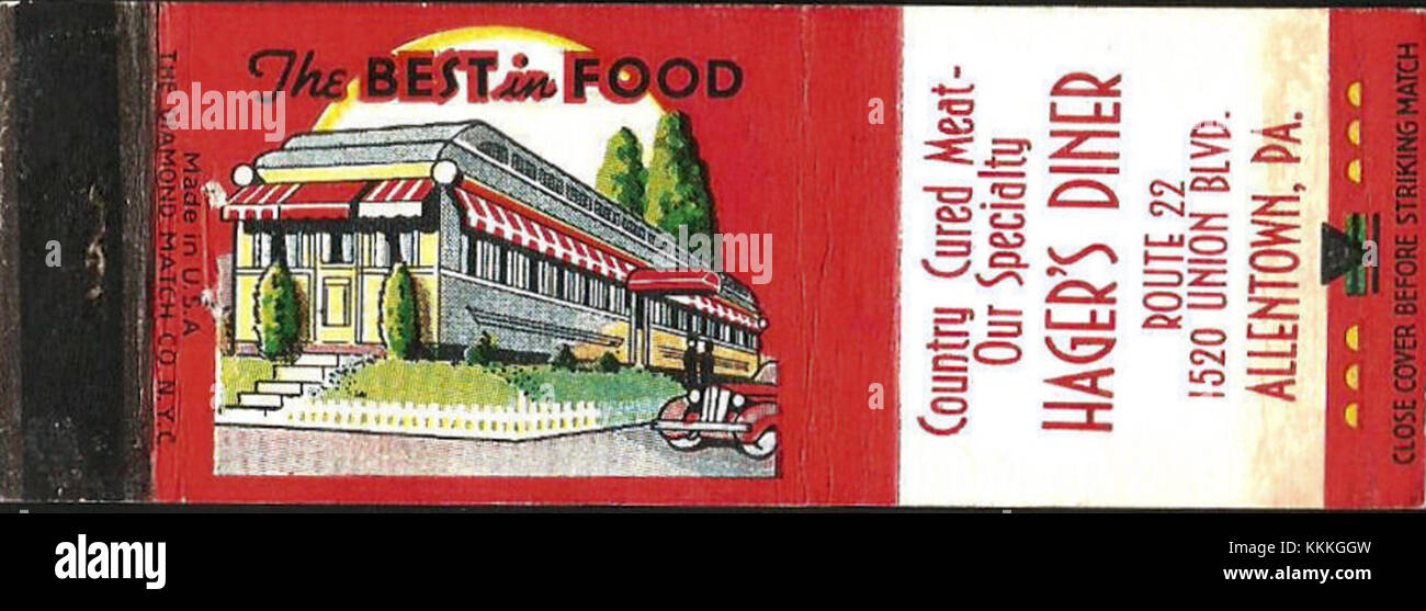 Questo copricapo di Hager's Diner, situato ad Allentown, Pennsylvania, è un pezzo d'epoca dell'americana del 1948. Mette in evidenza il marchio del commensale e il suo posto nella cultura americana del dopoguerra, mostrando il suo ruolo nella ristorazione locale durante la metà del XX secolo. Foto Stock