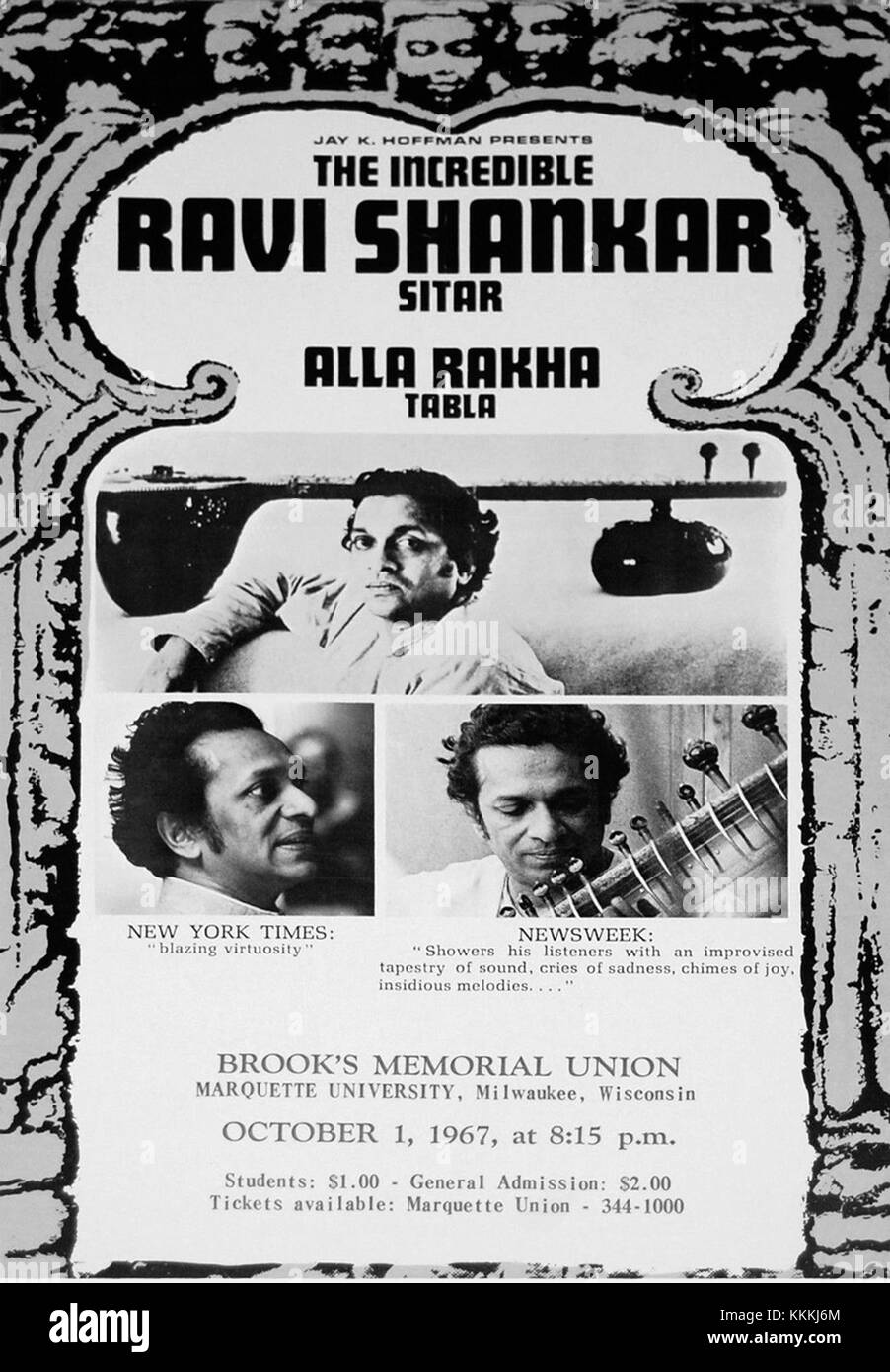 Questa immagine è la parte anteriore di un volantino promozionale per Ravi Shankar, il famoso virtuoso indiano del sitar. Il volantino mette in evidenza le sue esibizioni e i suoi contributi alla musica classica. Foto Stock