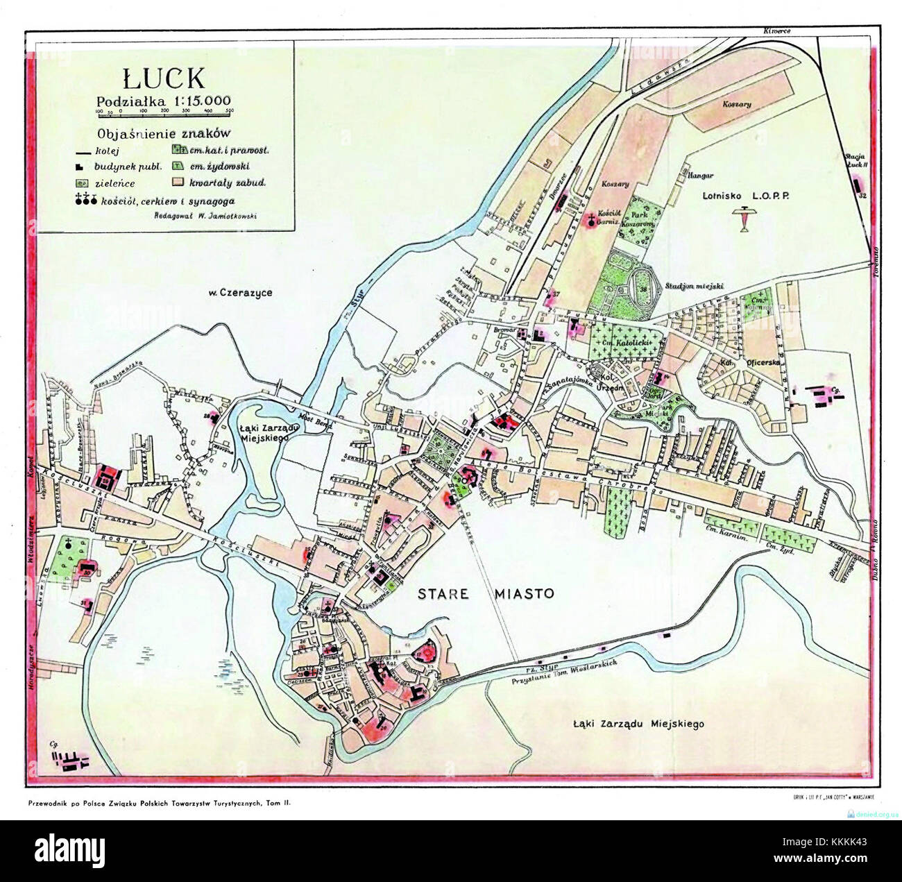 Una mappa a colori del 1937 di Lutsk, Ucraina, che mostra le strade, i monumenti e le posizioni chiave della città durante l'era pre-seconda guerra mondiale. Foto Stock
