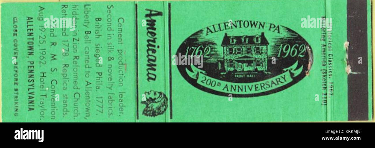 L'Allentown Bicentennial Matchcover 1962 commemora il 200° anniversario di Allentown, Pennsylvania. Presenta un design storico che celebra il ruolo della città nella Rivoluzione americana e la sua storia culturale. Foto Stock