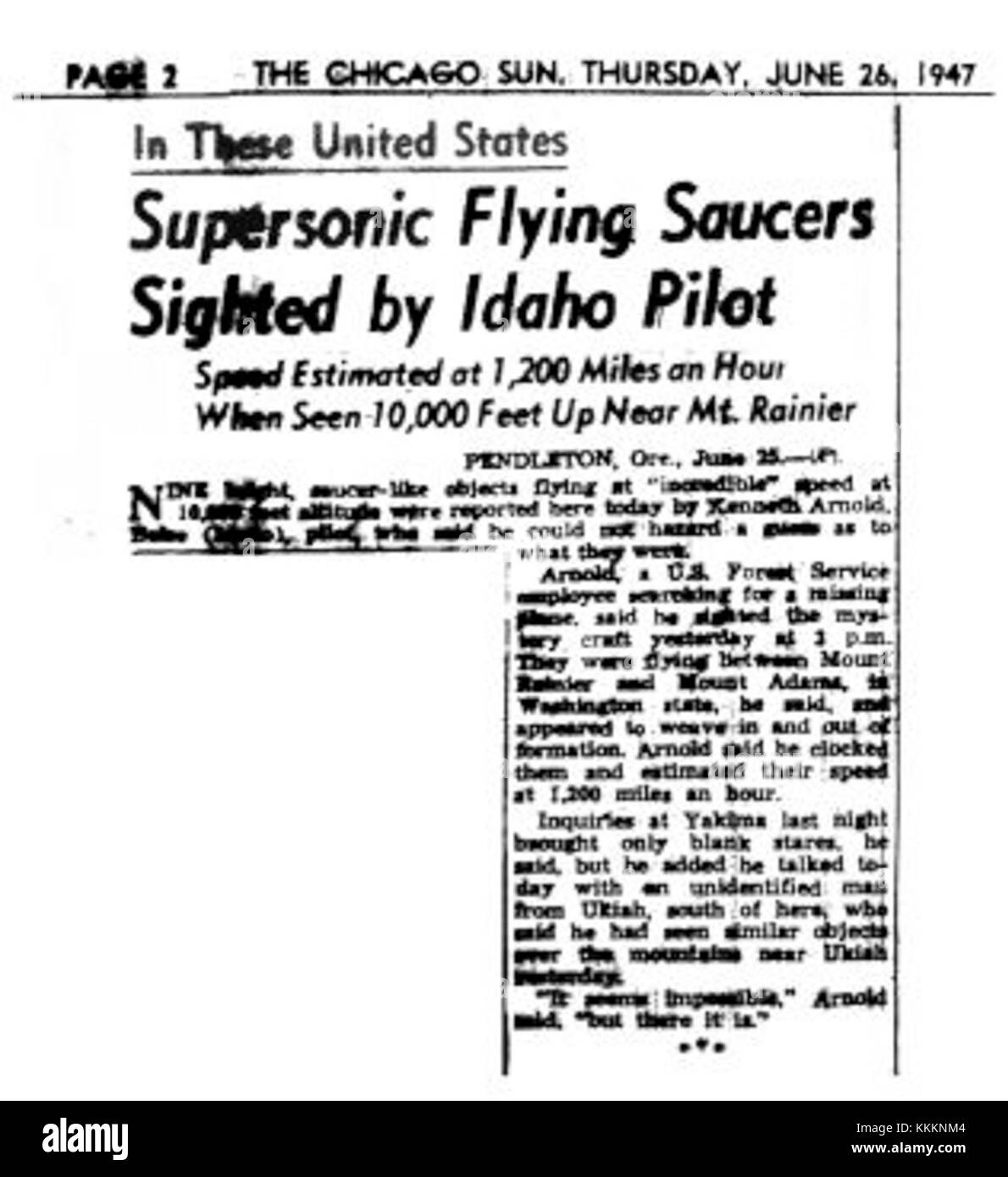 Chicago Sun 1947-06-26-2 Flying Saucer headline-th Foto Stock