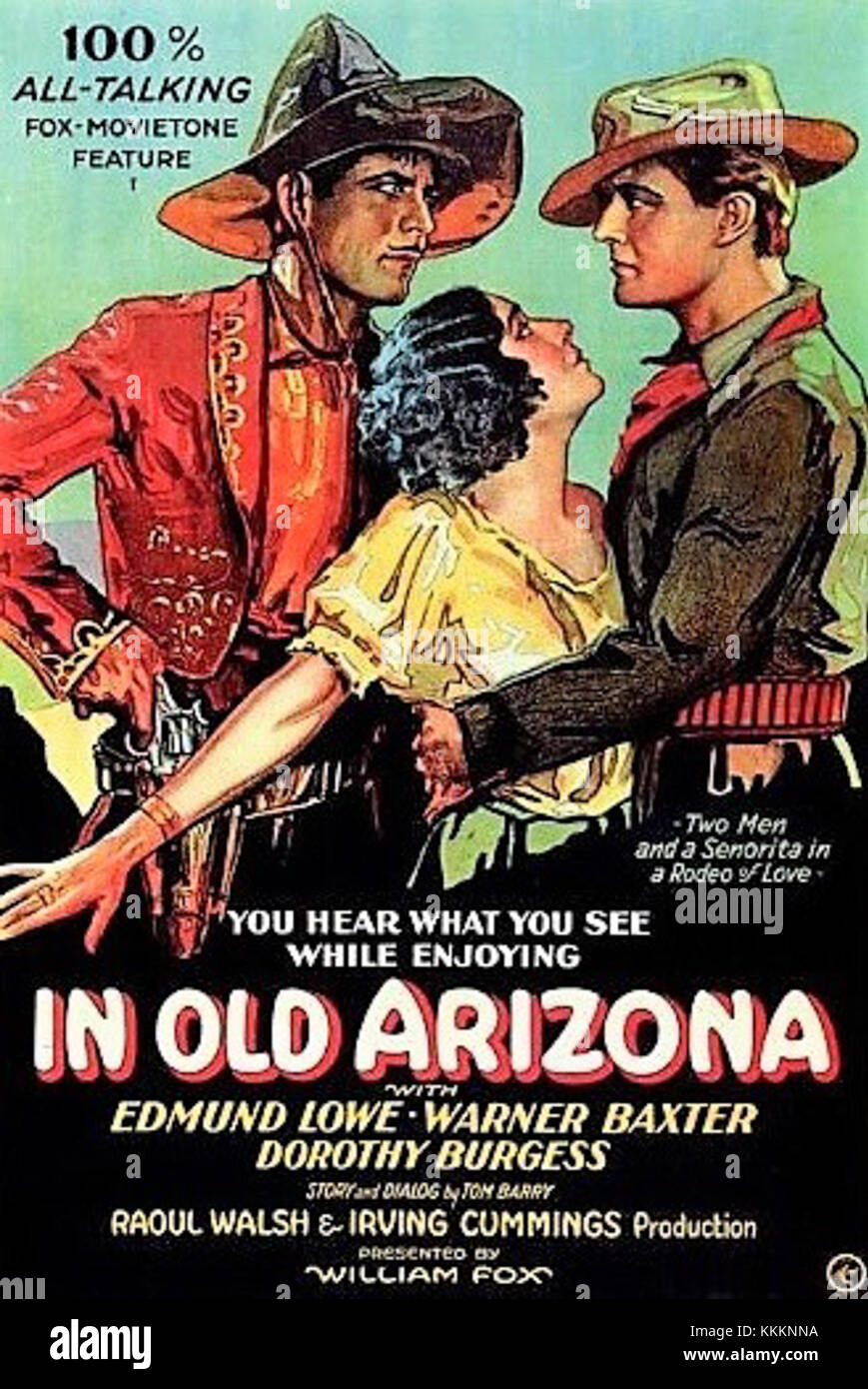 "In Old Arizona" è un poster cinematografico del 1928 per uno dei primi film sonori girati all'aperto. Il film è un classico WESTERN che mette in evidenza l'evoluzione della tecnologia cinematografica e l'impatto culturale del genere nel cinema americano. Foto Stock