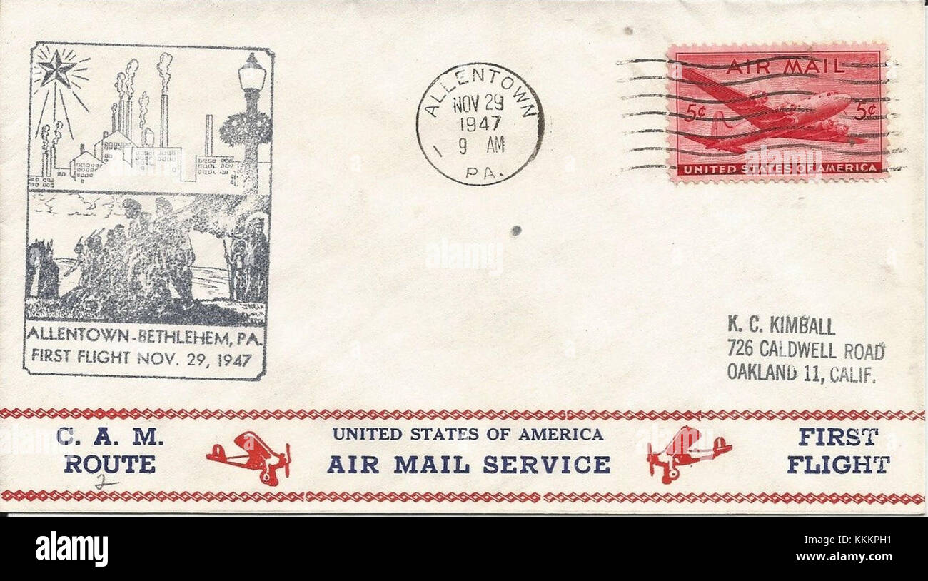 1947 - Via C A M della posta aerea - busta - Allentown PA Foto Stock