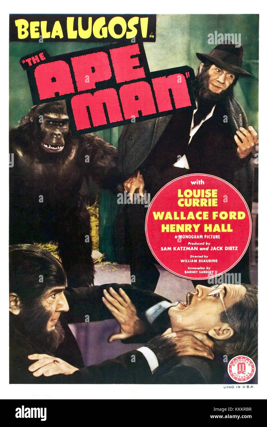 Questo è un poster promozionale per il film "The Ape Man", che evidenzia gli elementi visivi e i contenuti tematici del film. Funge da pezzo storico di marketing cinematografico dei primi anni del XX secolo. Foto Stock