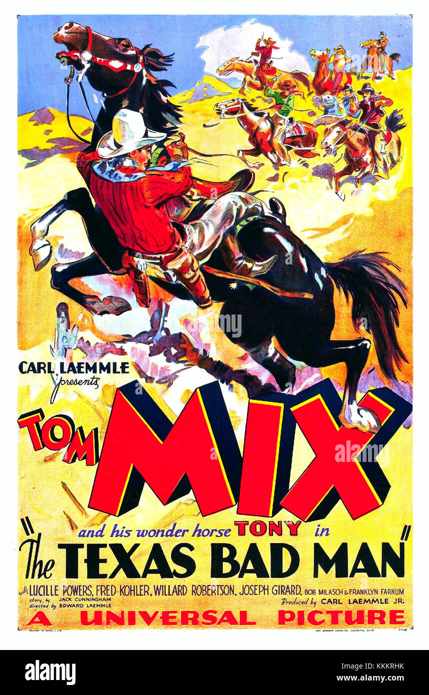 Questo poster pubblicizza il film "The Texas Bad Man", che mostra il tema drammatico del film. Mette in risalto le immagini iconiche del film, riflettendo il suo genere e il contesto culturale nel cinema occidentale. Foto Stock
