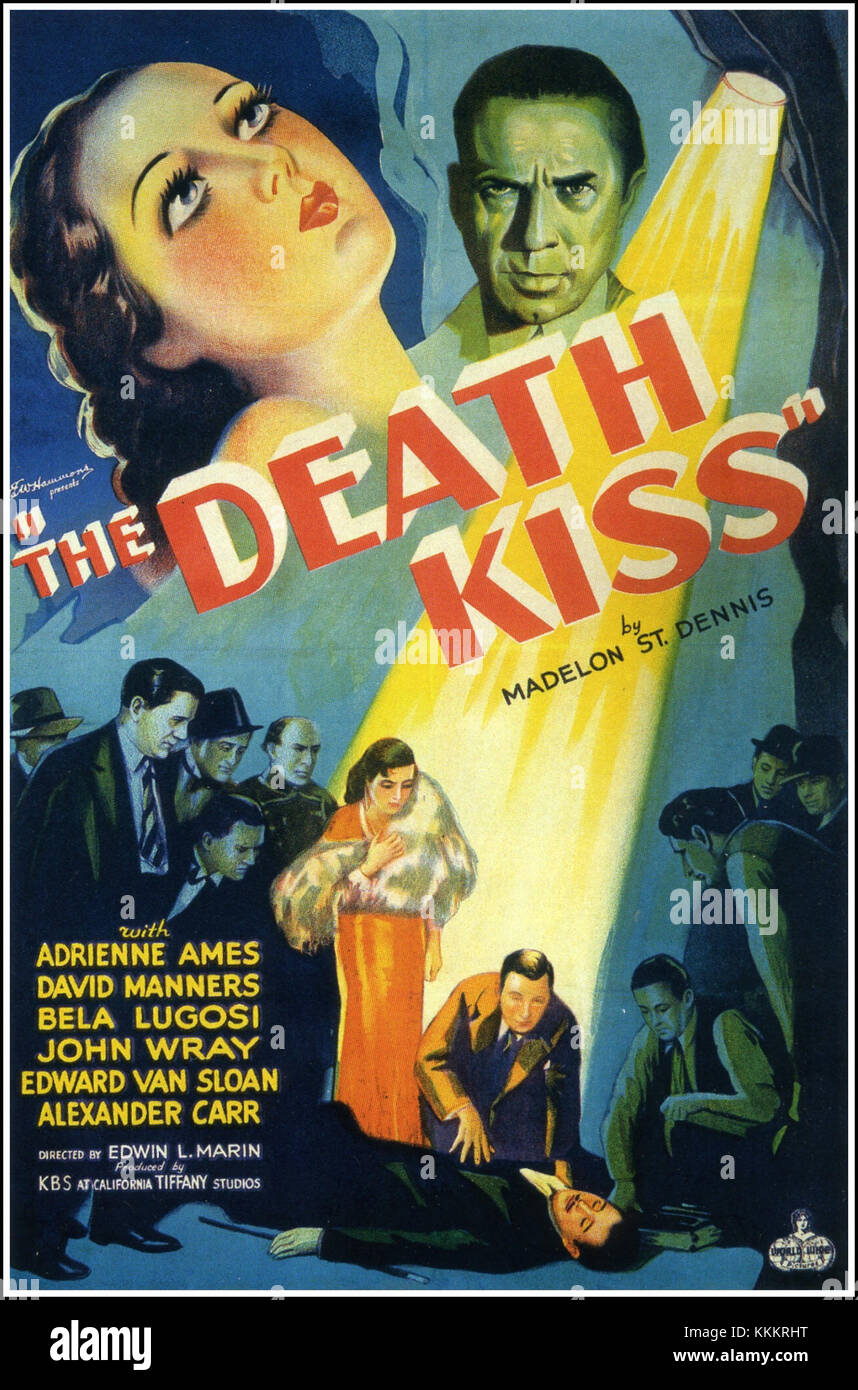 Il poster Death Kiss si riferisce al materiale promozionale del film del 1932 "The Death Kiss", che mette in evidenza la suspense del film e gli elementi del thriller. Foto Stock