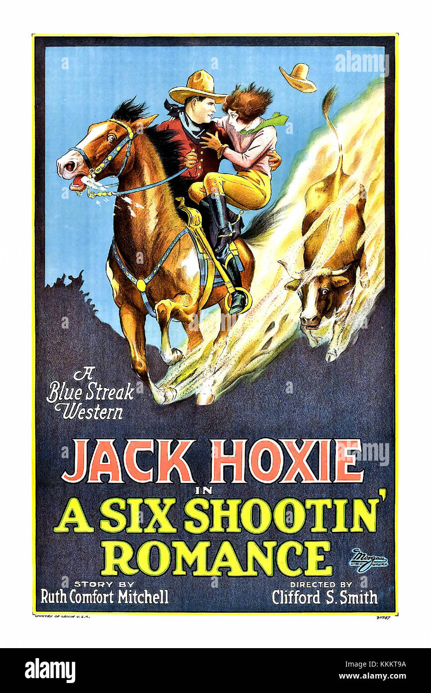 Questo è un poster promozionale per il film muto WESTERN del 1919 "A Six Shootin' Romance". Il film fa parte del cinema occidentale dei primi anni del XX secolo, riflettendo temi di romanticismo e azione. Foto Stock