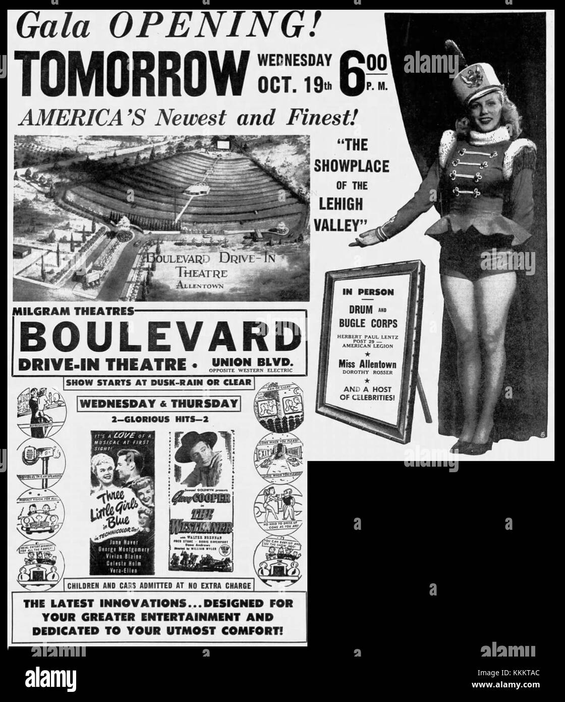 L'apertura del Boulevard Drive-in di Allentown, Pennsylvania, nel 1949 ha segnato l'introduzione di una nuova esperienza cinematografica all'aperto. Questo locale offriva un'opzione unica per gli spettatori, con proiezioni all'aperto su grandi schermi visibili dalle auto parcheggiate. I drive-in erano una scelta di intrattenimento popolare a metà del XX secolo, fornendo una combinazione di convenienza e ritrovo sociale per le comunità. Foto Stock