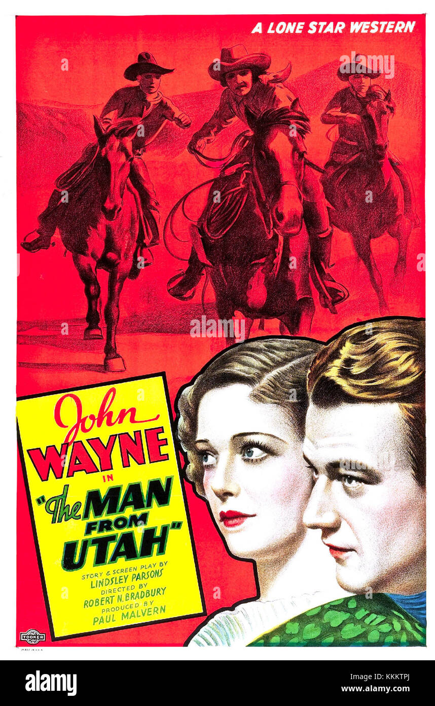 Il poster "Man from Utah" si riferisce a un'immagine promozionale del film WESTERN "The Man from Utah", che mostra gli elementi iconici del cinema dei primi anni del XX secolo. Questo film, noto per i suoi temi da cowboy, mette in risalto il genere occidentale americano. Foto Stock