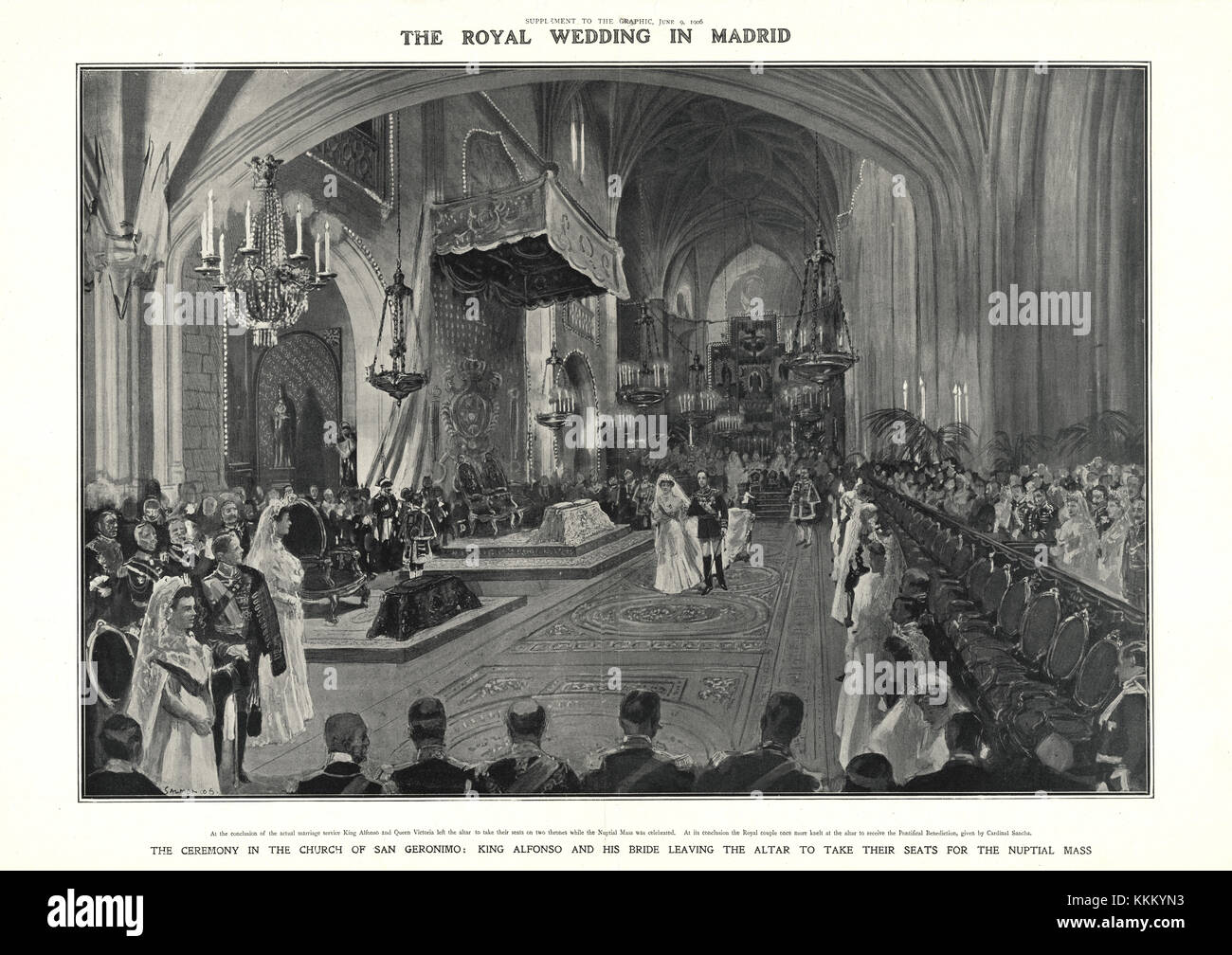 1906 Il grafico Royal Wedding di re Alfonso e della regina Victoria Eugenia di Madrid Annuncio Foto Stock