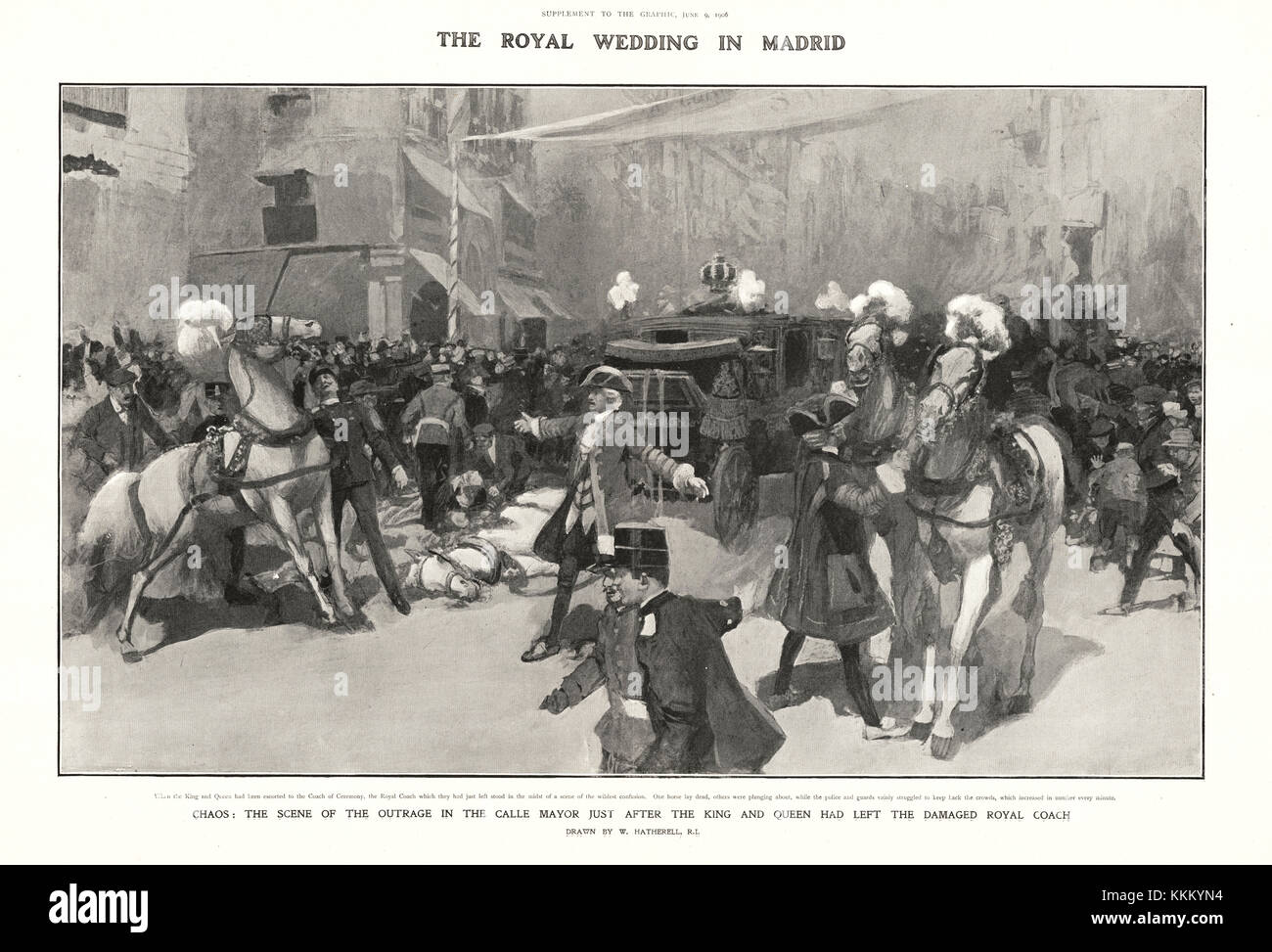 1906 Il grafico Royal Wedding di re Alfonso e della regina Victoria Eugenia di Madrid Annuncio Foto Stock