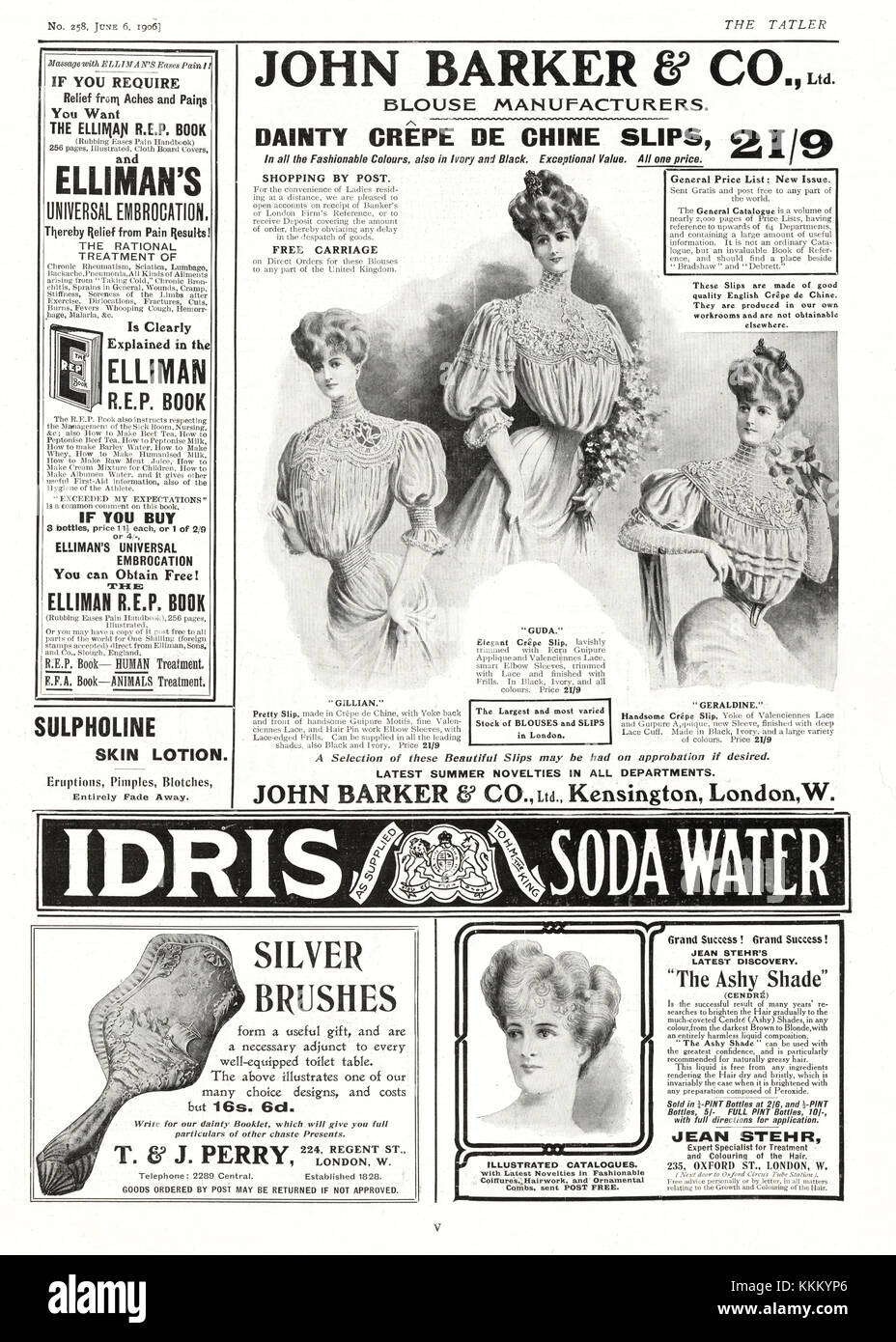 1906 La rivista britannica John Barker crépe scivola annuncio Foto Stock