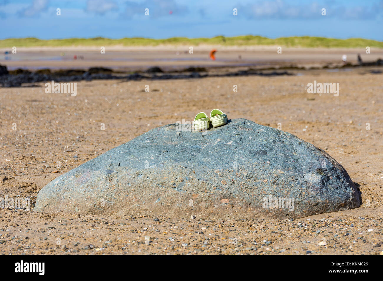 Sandali a sinistra su una pietra, visto a Traeth Llydan, vicino Rhoscolyn, Isola di Anglesey, Galles, Regno Unito Foto Stock