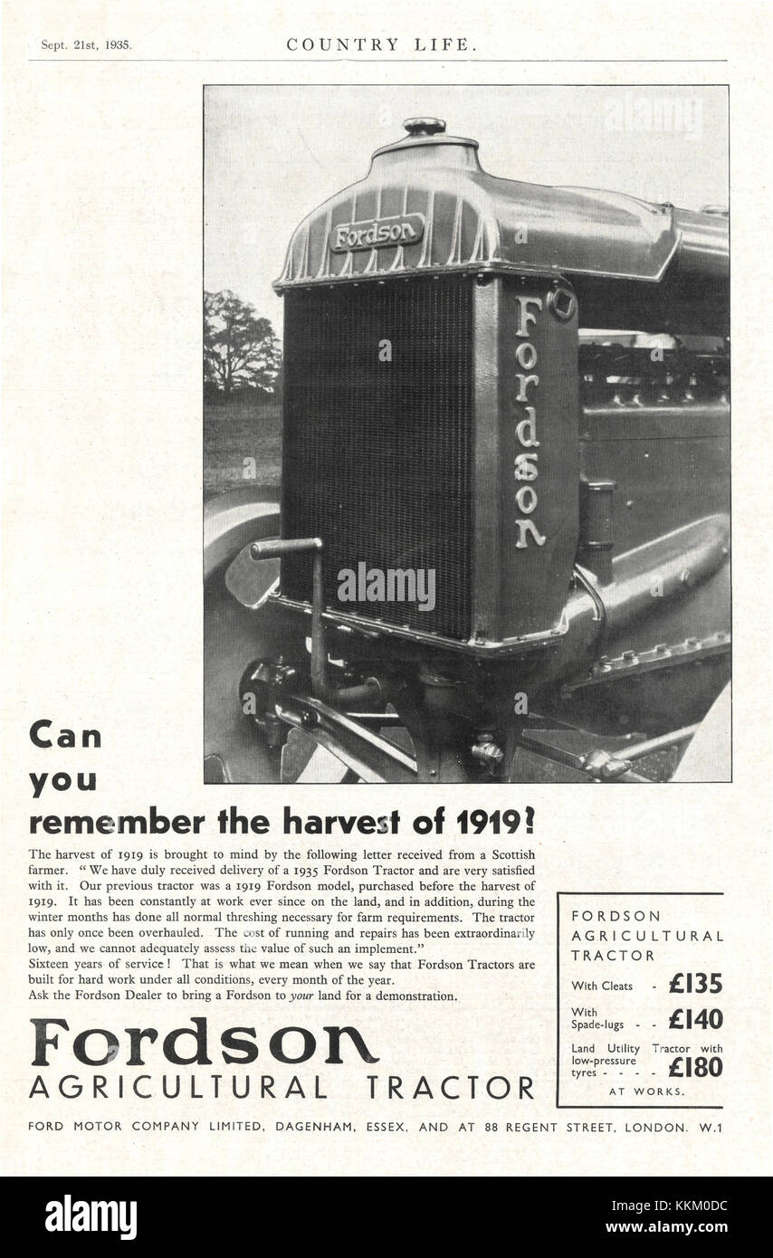 1935 La rivista britannica Fordson trattore agricolo annuncio Foto Stock