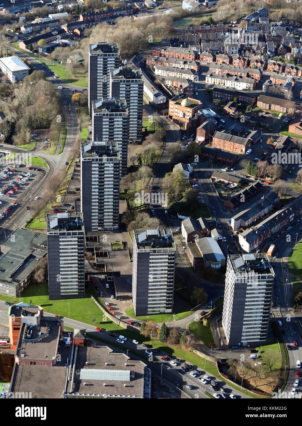 Vista aerea di Rochdale 7 blocchi a torre, REGNO UNITO Foto Stock