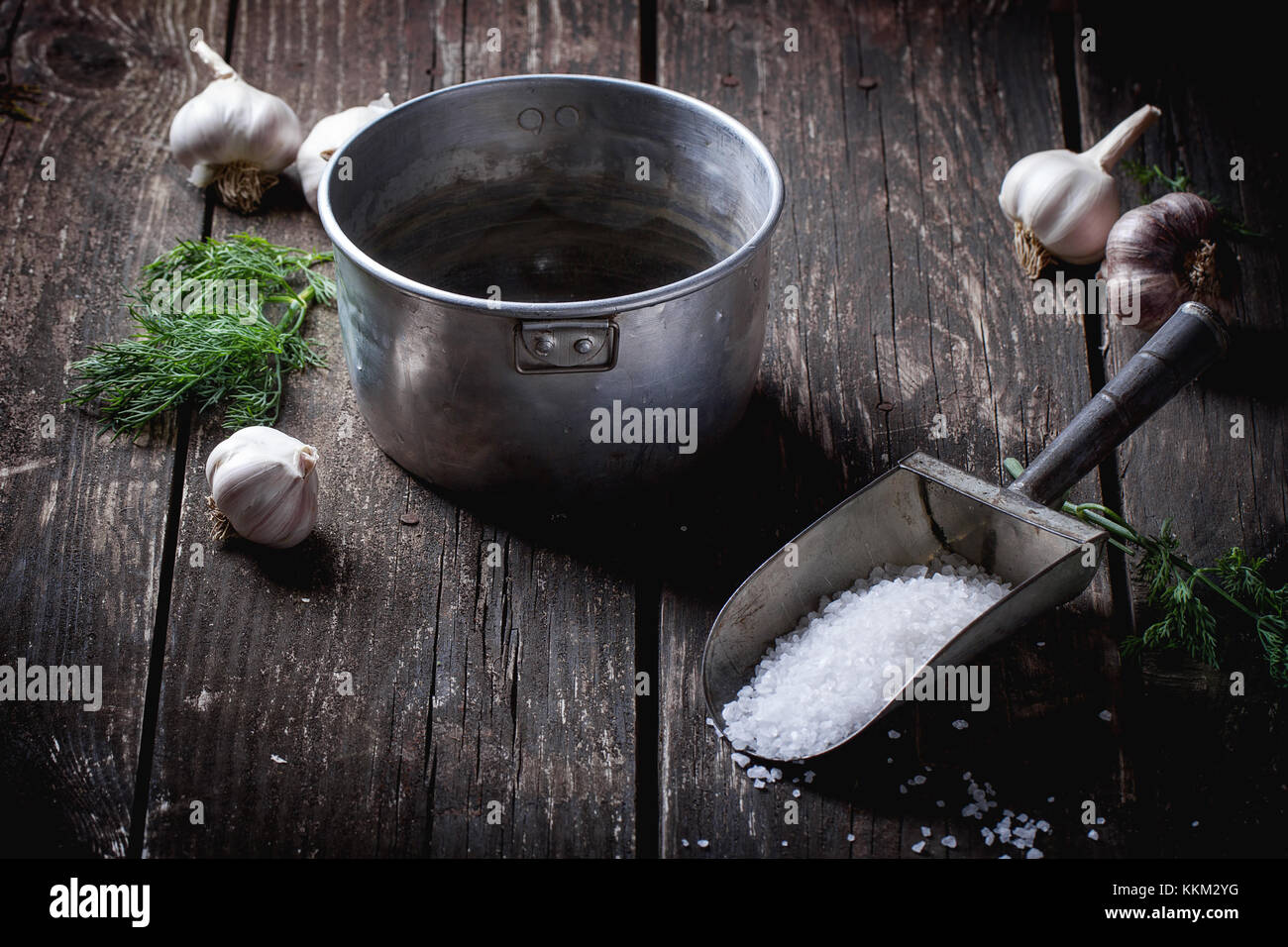 Vecchia vaschetta di alluminio per la preparazione a bassa sale cetrioli sottaceto. su tavoli in legno nero con cosparso sale marino, aneto e aglio. scuro in stile rustico. Foto Stock